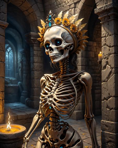 erotic female transforming into [woman:skeleton:8] <lora:add-detail-xl:0.8> <lora:Empire_SDXL_OnSite:0.8>, ancient crypt, gold inlaid bone, intricate, (Extremely Detailed Oil Painting:1.2), glow effects, godrays, Hand drawn, render, 8k, octane render, cinema 4d, blender, dark, atmospheric 4k ultra detailed, cinematic sensual, Sharp focus, humorous illustration, big depth of field, Masterpiece, colors, 3d octane render, 4k, concept art, trending on artstation, hyperrealistic, Vivid colors, extremely detailed CG unity 8k wallpaper, trending on ArtStation, trending on CGSociety, Intricate, High Detail, dramatic