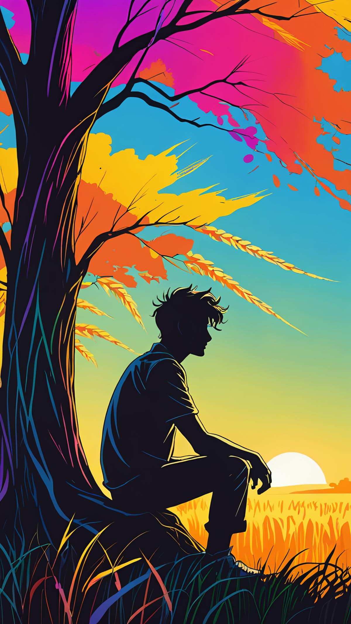 The Sun is Setting: A Man Sits on a Tree Branch