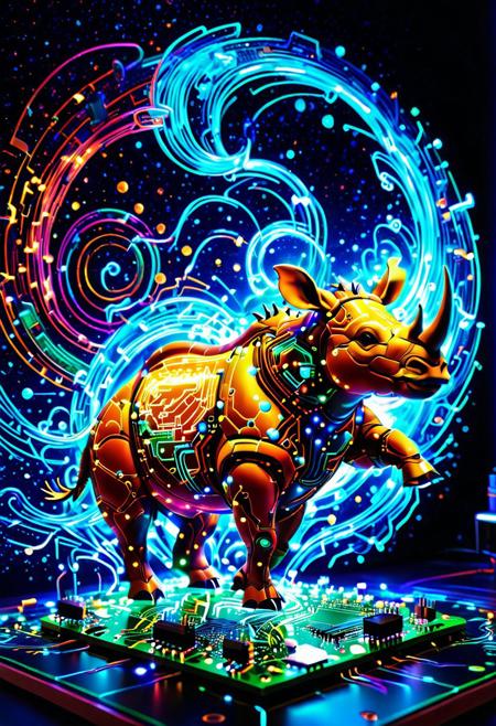 masterpiece, high quality, detailed Pointillism, ultra-high resolution, volumetric lighting, very aesthetic,, made of Circuit Board, wires, eletric componnents, ,  A rhino ballet dancing on a cloud Circuit Board, nostalgic ambiance, vibrant digital illustration, dark atmosphere, fantasy, mystic