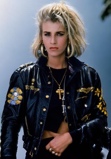 sara dallin 1980s, (sharp focus:1.2), photo, attractive young woman, (beautiful face:1.1), detailed eyes, luscious lips, (winged eyeliner:0.85), (tight body:1.2), wearing (jacket:1.2) at a (shop:1.2). (moody lighting:1.2), depth of field, bokeh, 4K, HDR. by (James C. Christensen:1.2|Jeremy Lipking:1.1).