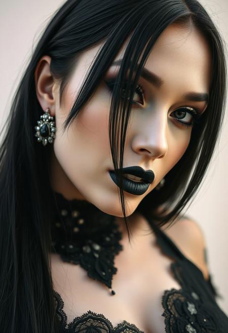 closeup portrait of goth vampire-esque woman mid 30s, thin fit, big boobs, jet black sleek hair, dramatic smokey eye makeup, high-neck black lace top, black lipstick, subtle tear-shaped face jewel, soft moonlight on pale skin, photorealistic  
closeup, photorealism, black hair, big boobs, thin fit, smokey eye, lace top, black lipstick, moonlight, face jewel
fullbigttgothgflady-mk.1