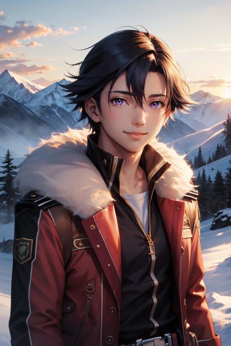 masterpiece, best quality, rean schwarzer, sen2rean, red coat, fur trim, black shirt, brown belt, upper body, smile, purple eyes, mountains, snow, blue sky, sunset <lora:rean-nvwls-v1-000009:0.9>