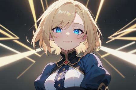 (anime screencap:1), ((masterpiece)), ((super detailed)), ((highest quality)), beautiful face, gorgeous eyes,
short hair, blue eyes, blonde hair, frilled dress, medium breasts, narrow waist, light smile,
depth of field, beautiful lights, glowing eyes, narrowed eyes, half-closed eyes, black background,