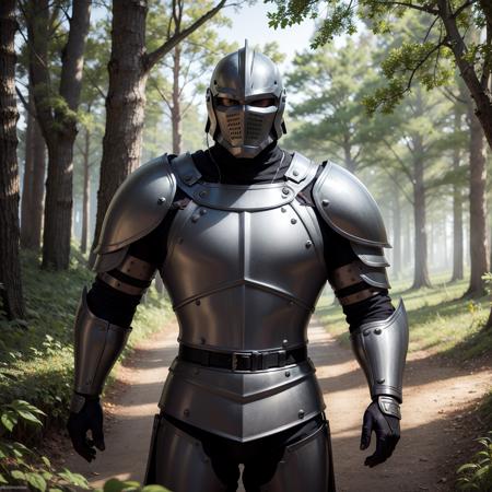 masterpiece, absurdres, high quality, realistic,
1boy, muscular, knight armor, no helmet,
forest, outdoors, sunlight, (clouds:0.5),