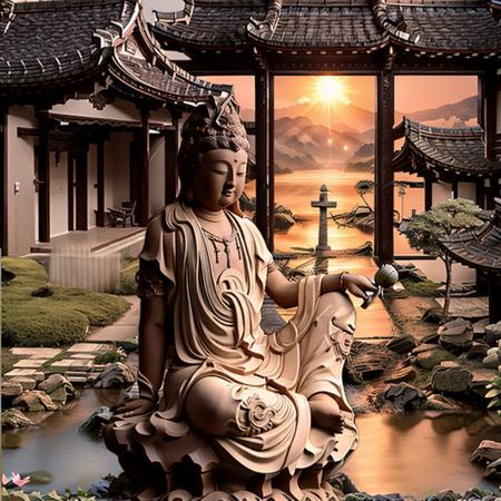 Avalokitesvara sits cross-legged in a Buddhist temple at dusk. The setting sun directly shines on the Guanyin inside the house, There is a wall behind it, and there are some Buddhist classics on the wall. transparent glass wall at the front, There is a large window, and you can see the distant mountains, green trees, pink cherry blossoms, and some monks in robes walking on the lakeside path with lotus flowers on the lake,