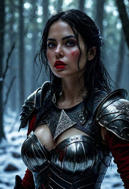 Ultra detailed digital art masterpiece beautiful Brett Cooper as Warrior Snow White girl dressed in a iron Armor and red mini skirt, Standing on a battlefield at the head of an army of knights, where a bloody slaughter is taking place, standing in battle pose, a dark epic fantasy, perfect lighting, beautiful Warrior Snow White girl, attractive woman, elegant, beautiful woman of athletic body, epic shot of the whole Warrior Snow White girl, unreal engine 5 nanite quality, dark fantasy, dark environment, very stormy day, LOTR style, dark washed out eyeliner, no make up, natural bloody pale face, realistic brown eyes, ultra detailed atmospheric details, beautiful glowing effects, sparkle effects, realistic body proportions, beautiful face proportions, complex masterpiece, wavy raven black hair, creative glowing detailed tattoos, complex physics, enhanced colors, complimentary colors, ultra detailed raytracing reflections, Ultra detailed complex background, environment feels alive, direct eye contact, dramatic lighting, wet and sweaty skin, beautiful firm Breasts, Daylight, Concept art by Greg Rutkowski, adding to the intense and dynamic atmosphere of the scene.