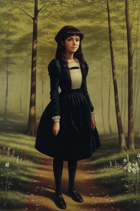 <lora:lostgirls:1>, lostgirls, a woman standing in the forest, flowers