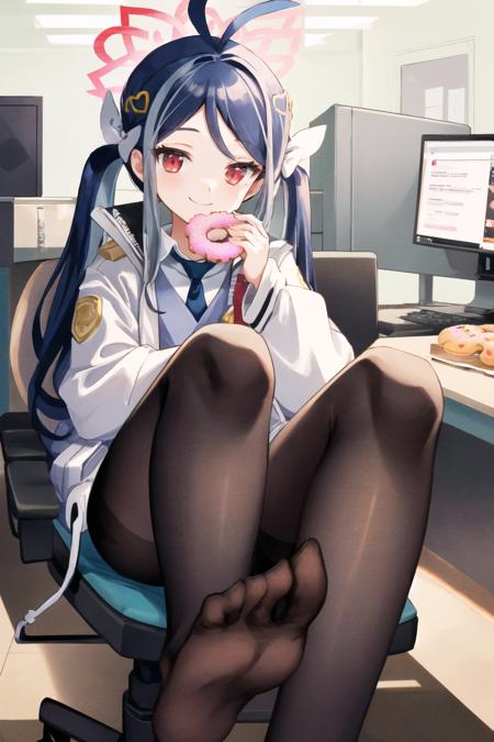 fubuki, twintails, streaked hair, red eyes, (halo:1.1), 1girl, antenna hair, heart hair ornament
police uniform, white jacket, blue vest, blue necktie, (pantyhose, black pantyhose:1.12), foot focus
BREAK smile, closed mouth, smug, (holding:1.0) (doughnut:1.05), foreshortening,
doughnut, indoors, police precinct, sitting, office chair, feet up on desk
<lora:chara-fubuki-v1b-32:1>,