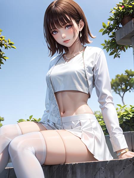 (extremely detailed CG), (best quality), 1girl, perfect face,  shiny skin, lustrous skin, wide hips,narrow waist,  <lora:SononiDon-10:0.8>SononiDon, white short,shorts,miniskirt,bracelet,white jacket, white footwear,long sleeves,navel,midriff,crop top, white skirt, white shirt,necklace,jewelry, thighhighs ,earrings,skirt,white eyes,