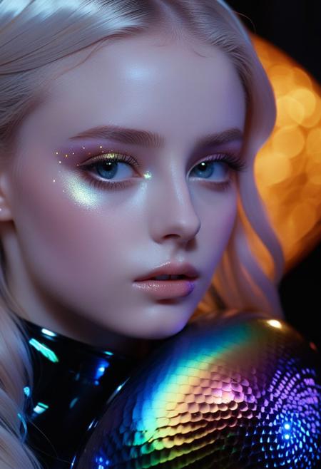 (masterpiece:1.1), (best quality:1.1), piercing ultra-details, (aesthetic:1.1), fantastic epic masterpiece, ((full-body-shot)), (dynamic standing pose:1.0) masterpiece, highest esthetic score, photo of an exquisitely beautiful pale skin european 1girl, 19-year-old, modern implementation of sci-fi  "botichhelli The Birth of Venus"starlight falls on beautiful gorgeous detailed young face. Depth of field, insane details:1.4, ultra detailed, absurdres, 1:280f Zeiss lens, long aperture,   fiery opal, platinum, obsidian, iris Rainbow iridium ,feet in the shell, extraterrestrial sight, intricate background, style by soa nala Lee, bare feet, piercing eyes, detailed pupils, highresolution texture face, luminous face,