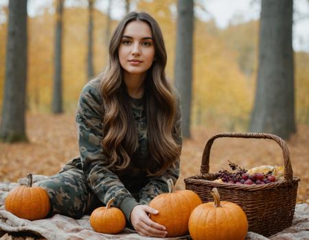 photograph landscape photography of a young woman with ((long hair)) In camo wear, military-inspired, blending in yet standing out., dressed in textured fabric, autumn leaves, picnic setting, carved pumpkins, basket, wine bottle, scattered fruits, woodland scenery, sitting, one knee raised, looking at camera, centered subject, eye-level shot, straight angle, clear perspective, in a dreamlike world where anything is possible and the impossible is real baroque, Neutral color palette, (solo focus, one frame), plasma, (detailed face:1.3), (hero view:1.2), shot on Nikon Z7 with Nikon Z 70-200mm f-2.8 VR S, 50mm . cinematic 4k epic detailed 4k epic detailed photograph shot on kodak detailed cinematic hbo dark moody, 35mm photo, grainy, vignette, vintage, Kodachrome, Lomography, stained, highly detailed, found footage, cinematic still landscape photography of a young woman with ((long hair)) In camo wear, military-inspired, blending in yet standing out., dressed in textured fabric, autumn leaves, picnic setting, carved pumpkins, basket, wine bottle, scattered fruits, woodland scenery, sitting, one knee raised, looking at camera, centered subject, eye-level shot, straight angle, clear perspective, in a dreamlike world where anything is possible and the impossible is real baroque, Neutral color palette, (solo focus, one frame), plasma, (detailed face:1.3), (hero view:1.2), shot on Nikon Z7 with Nikon Z 70-200mm f-2.8 VR S . emotional, harmonious, vignette, 4k epic detailed, shot on kodak, 35mm photo, sharp focus, high budget, cinemascope, moody, epic, gorgeous, film grain, grainy