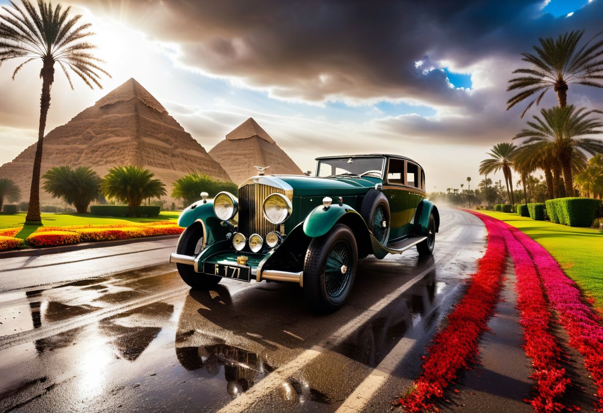 cinematic photo of 1931 Bentley Supercharged, magnificent three pyramids of Giza appear clearly, charm, highly detailed car, Professional lighting, full of life, Lively and energetic, 8K, rays of sun flow beyond heavy clouds, HDR, Fast & Furious movie, motion blur, moving tires, Cinematic Shot, Cinematic Lighting, amazing world, pure perfection, Need For Speed, wide angle exterior background, wet asphalt road, autumn leaves, grass, flowers, jasmine flowers, palm trees, nebula horizon.