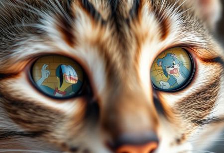 Ultra closeup of a cat eyes, with Tom and Jerry cartoon reflecting in them, photography,