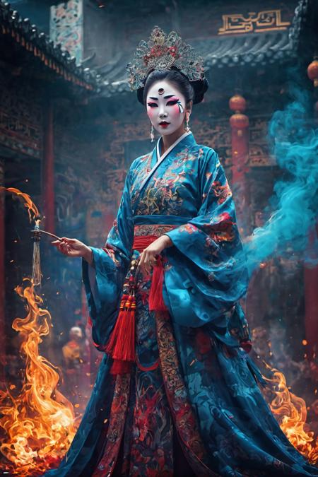 color field style urban graffiti style concept art A Chinese female Opera playing,fire,fog, primary style, radiant light, mysterious mist, vibrant color palette, dynamic composition, dramatic, complex, elegant, highly detailed, extremely detailed, professional focus, beautiful, real, cinematic, strange, great, epic, artistic, exquisite atmosphere, perfect, full, quiet, calm, amazing, creative. digital artwork, illustrative, painterly, matte painting, highly detailed, incredible quality, intricate detail, flowing, heroic, brilliant, awesome, symmetry, focused, intense, majestic, attractive, bright, colorful, best, spectacular, fine, polished, iconic, rich deep colors, ambient background, pristine, magical, outstanding, singular. vibrant, edgy, street art, underground, spray paint effect. flat, large fields of color, minimal, detailed, sharp, clear, crisp, glowing, breathtaking, fresh, excellent, pure, wonderful, emotional, cute, confident, pretty, delicate,, decorative, lovely, spiritual, shiny, magnificent, elaborate, fantastic, fancy, illuminated, peaceful, relaxed, astonishing