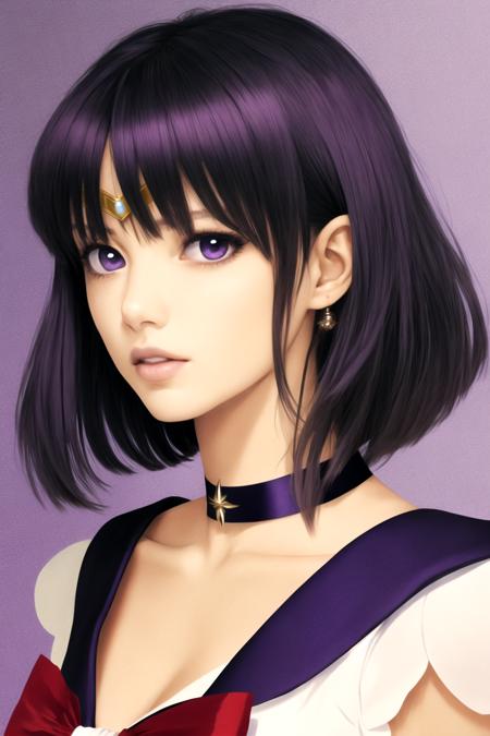 masterpiece, best quality, 1girl,  photo of realistic, sailor saturn, (gold tiara on her forehead),  tiara, solo, short hair, purple hair, bangs, black hair, red bow, brooch, choker, collarbone,  looking at viewer, parted lips, purple eyes, upper body, black background  <lora:SailorSaturnV1:1>