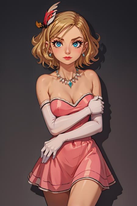 simple, best quality, 1girl, Maria, short hair, blonde, curly hair, feather (hair ornament:1.3), (eyeliner:1.3), wearing pinkdress, bare shoulders, elbow gloves, jewelry, diamonds, diamond necklace, red lipstick, closed mouth, blue eyes, aloof, 
 <lora:pinkdress08:.6>, relaxed, cowboy shot, overhead lighting, dramatic shadows, dark background, black background, <lora:weight_slider_v2:-.4> <lora:MariaV2:.6> looking at viewer, <lora:EnvyBeautyMix19:1>