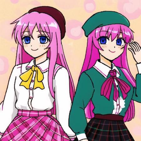 <lora:anime_paint:1>, 2girls, :d, :o, aqua eyes, black hat, blush, bubble skirt, chestnut mouth, cowboy shot, eyeball, floral print, frilled shirt collar, frilled skirt, frilled sleeves, frills, green skirt, hair between eyes, hand holding, hat, hat ribbon, highres, interlocked fingers, long hair, long sleeves, looking at viewer, multiple girls, open mouth, pink eyes, pink hair, pink skirt, plaid, plaid shirt, ribbon, shirt, short hair, silver hair, skirt, smile, third eye, wide sleeves, yellow ribbon, yellow shirt, >:d