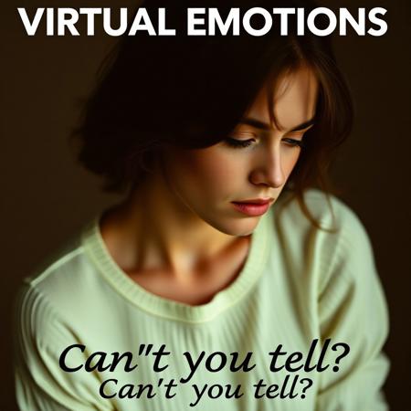 high quality design aesthetics, soulful, introspective, emotive, detailed, pop album cover, young white woman, artist name "Virtual Emotions", album title "Can't you tell?"