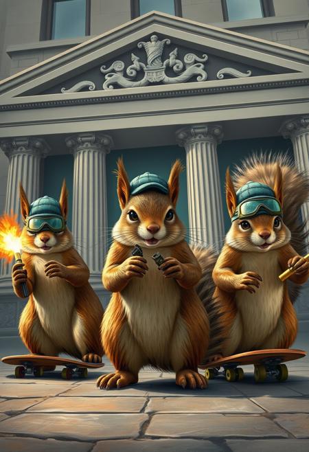 A team of squirrels conducting a high-stakes bank heist, complete with acorn-shaped explosives, squirrel-sized ski masks, and getaway skateboards, realistic, highly detailed