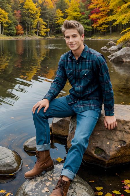 edge of a tranquil lake, forested hill in background, fall foliage, ((sitting on a boulder)), smiling, JackHarrer, wearing flannel shirt, jeans, boots, masterpiece, (((full body portrait))), wide angle,   <lora:JackHarrer:0.8>