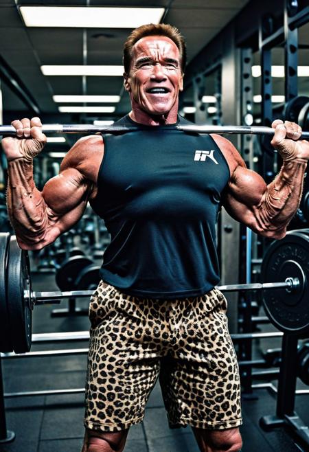 Arnold Schwarzenegger in leopard shirt push barbell in gym, powerful, strong, epic, best quality, ultra quality, epic quality, (32k), (8k),  hdr, magnificent, intricate details,  funny, sarcastic, comical, jokes, detailed skin texture, skin pores, shadows on face