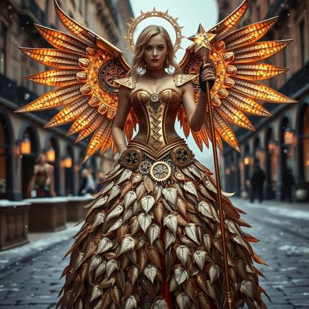A steampunk-inspired angelic look that merges machinery with divine beauty. The gown features a corset made of polished brass and copper, with intricate clockwork gears that actually move. The skirt is a cascade of metallic feathers, each one engraved with delicate poinsettia patterns. The model’s wings are massive, mechanical constructions that glow with soft golden light, and her halo is a rotating ring of tiny, glowing cogs. Her gloves are made of fine leather with lace detailing, and she holds a staff topped with a glowing crystal star. She stands in a Victorian city square, with snow falling softly around her. Keywords: steampunk, mechanical, angel, brass, copper, poinsettia, wings