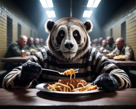cinematic photo Anthropomorphic animal prisoner last meal, award winning gritty realistic photojournalism, smoky, Cinematic movie scene still image portrait photography sharp focus intricate realistic details, <lora:add-detail-xl:2> . 35mm photograph, film, bokeh, professional, 4k, highly detailed