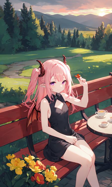 1girl wings tail dragon-tail solo wings dragon-horns long-hair pointy-ears side-up dragon-wings cup pink-hair purple-eyes sitting bench crossed-legs flower teacup looking-at-viewer red-flower black-dress one-side-up small-breasts breasts feet-out-of-frame table covered-navel sideboob bare-shoulders bangs sleeveless-dress cloudy-sky river forest tree sunset from-side from-above expressionless smile