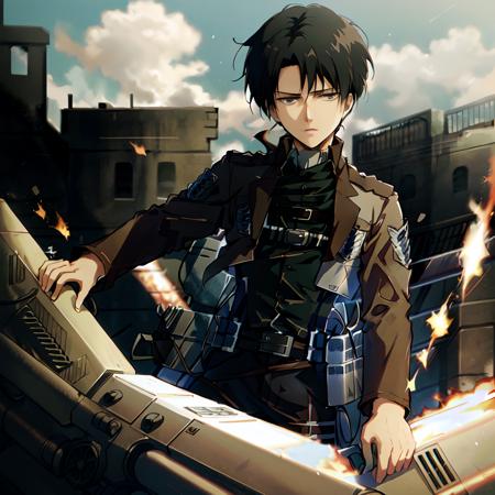 1man,<lora:Levi Ackermann:0.9>,highly detailed,high res, (Levi Ackermann),attack on titan,black hair,solo, outside, detailed eyes, full face, ruins,flames,black smoke,(three-dimensional_maneuver_gear),(blurred_background)