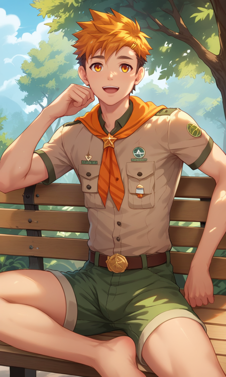 Hiro slim brown-gray shirt green shorts orange neckerchief