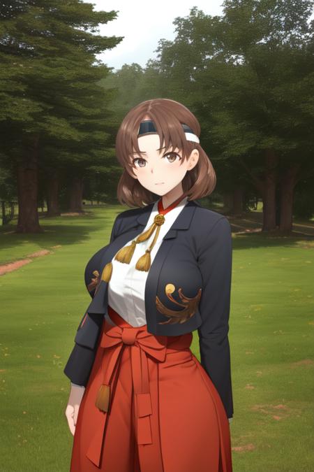 chiyodakc,  headband,  1girl, solo, outside, trees,  huge breasts,  <lora:ChiyodaKCLora-07:1>, grey blazer, bird pattern, plain red hakama skirt, gold tassel, white shirt,