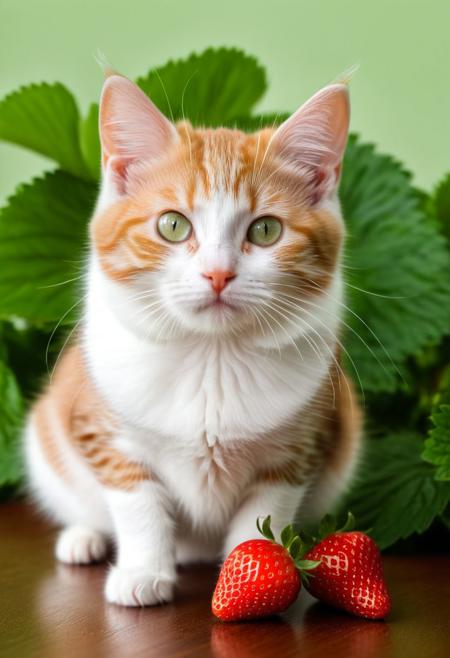 Create an image of a whimsical creature that resembles a small kitten with the texture and color of a ripe strawberry. The creature's body and face are covered in strawberry red, with characteristic seed-dotted skin. It has green leaf-like structures mimicking ears and a ruff around its neck, as if the top of a strawberry was placed on its head. This kitten-like entity has round, innocent eyes, a small pink nose, and delicate white whiskers. Its pose is seated, with one paw slightly raised as if it were about to take a gentle step, and its tail curls behind its body, appearing plump and strawberry-like as well. Surrounding the creature are actual strawberries of a similar shade of red and with green caps, scattered on a glossy wooden surface. In the soft-focused background, hints of indoor plants in shadows create an almost ethereal setting. The overall atmosphere is quaint and charming, evoking a sense of magical realism. symmetrical cats eyes