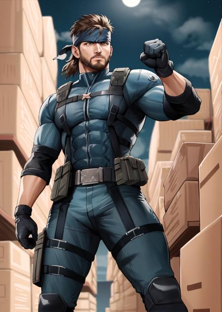 masterpiece, best quality, solid snake, facial hair, blue bodysuit, gloves, headband, standing, fist, (night:1.4), warehouse <lora:solidsnake-nvwls-v3-000012:0.9>