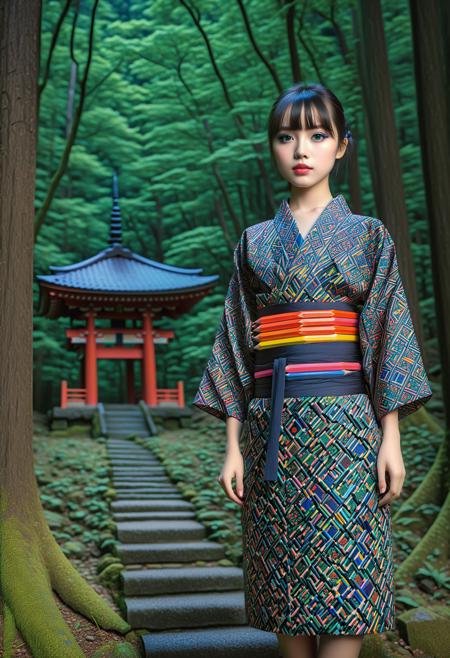 masterpiece, best quality, ultra detailed, HDR, photorealism, sfw, A girl, black mini yukata, pretty face, (the patterns appear like layers of colored pencils:1.35), the girl looking at camera, landscape, nature, forest, japanese mountainside, night, HDR, pale skin, (black bold eyeliner, makeup:1.1334), very detailed radiant eyes, detailed lips, detailed face, cute, pretty, bangs, posing elegantly, in shinto temple, the backdrop should be of a forest, it should be at night, fullbody shot, <Pencil_morph_style-000008:1.55>