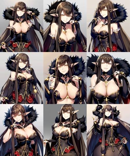 masterpieces,detailed,detailed eyes,mature female,milf, ((white skin)),(pale skin:1,.3),tall female,semiramis \(fate\),black dress, black fur trim, off shoulders,bare shoulders,cleavages,bridal gauntlets, ((masterpiece)) ,<lora:semi-08:1>,(smirk:1.2),black hair,long hair, yellow eyes,pointy ears, (slit pupils)