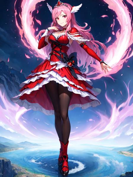 masterpiece, best quality, full_body, looking_at_viewer, large eye, cowboy shot, light smile, open eye,
1girl, <lora:locon_cure_passion_5_v1:0.95>, cure passion, pantyhose, red sleeves, tiara, capelet, layered skirt, 
standing,