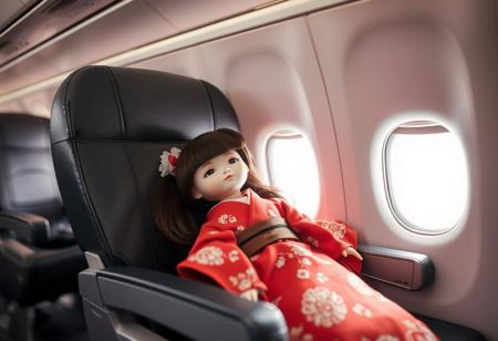 A doll wearing a Japanese red kimono is lying under the seat of an airplane, and the doll's hairstyle is Himeji style
