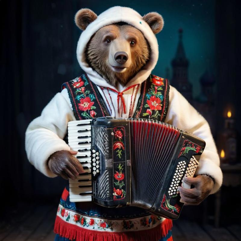 A teddy bear wearing a white jacket and holding a black accordion.