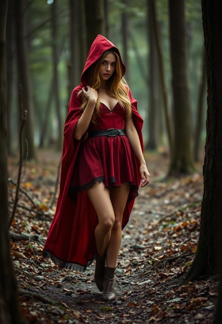 Little Red Riding Hood, in the forest, mystical, long sexy legs, seductive look
