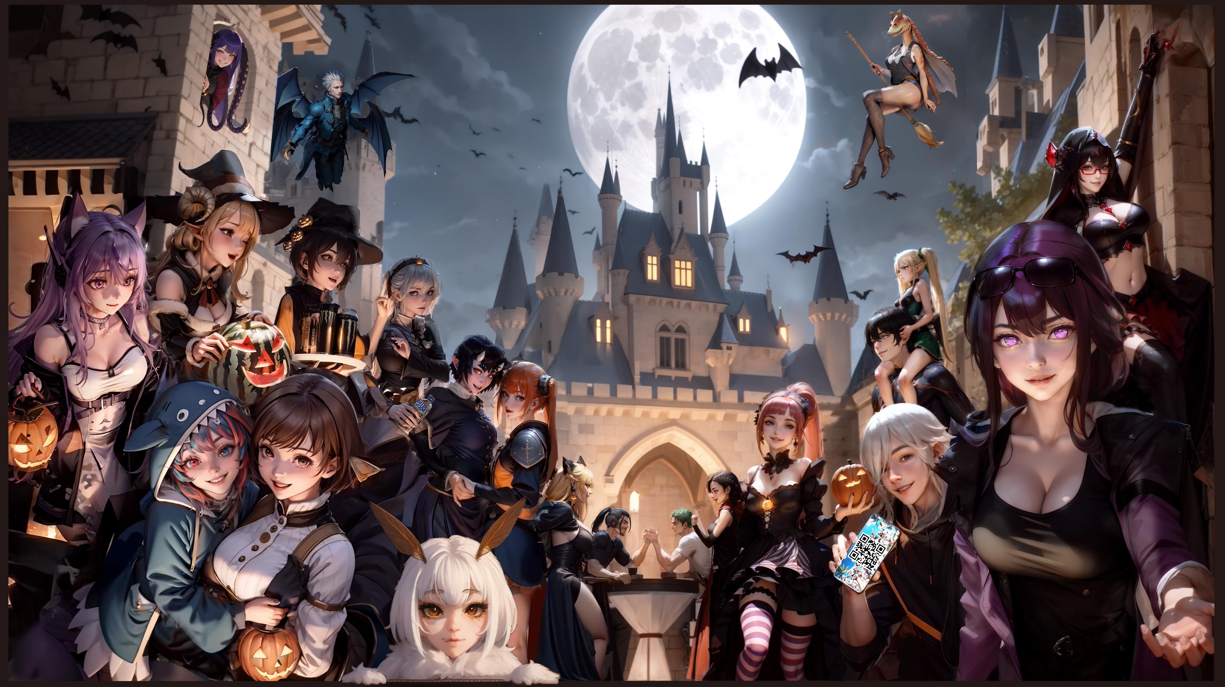 A group of anime characters posing in front of a castle at night.