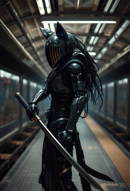 a cyberpunk robot samurai Anthro wolf woman, robot anthropomorphic wolf face with mirrored face shield, robot joints, body made of metals, cables and wires, holding a katana by the hilt, in a cyberpunk subway station, dim lighting from overhead strip lighting, silhouetted in the gloom.  brooding pose. Perfect Composition, realistic photographic image, RAW photo highest quality, perfect directional lighting