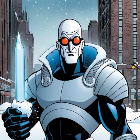 comic book art of  <lora:Mr. Freeze:1.2>
Mr. Freeze a man  in snow In Gotham City, comic art, graphic novel illustration