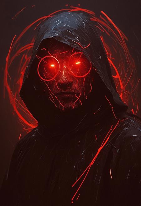 ((((abstract shapes)))), darkness, evening,((contemporary surrealism)), by Caspar David Friedrich, thick brush strokes, a dark hooded figure, wearing a glowing mask, black robes, face obscured, abstract composition, asymmetric, dark, red glow, (streaks), circles, black background, abstract film grain, messy composition, (long exposure) 