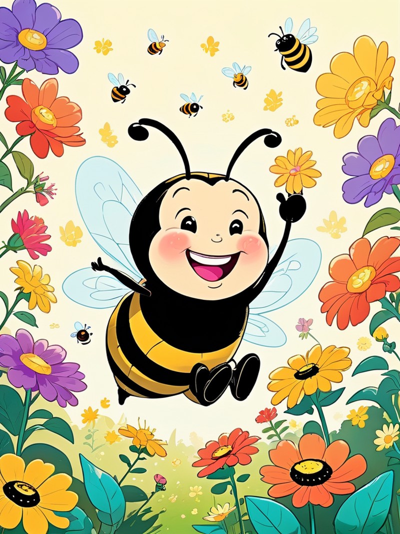 A cheerful drawing of a plump, happy bee buzzing around a garden full of oversized, vibrant flowers, collecting nectar wit...