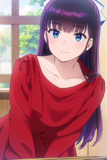 ryoukomendou, <lora:ryouko mendou s1-lora-nochekaiser:1>,
ryouko mendou, long hair, blue eyes, purple hair, bow, hair bow, mole, mole under eye, smile,
BREAK dress, red dress, collarbone, long sleeves,
BREAK indoors, classroom,
BREAK looking at viewer, (cowboy shot:1.5),
BREAK <lyco:GoodHands-beta2:1>, (masterpiece:1.2), best quality, high resolution, unity 8k wallpaper, (illustration:0.8), (beautiful detailed eyes:1.6), extremely detailed face, perfect lighting, extremely detailed CG, (perfect hands, perfect anatomy),