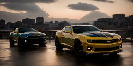 Camaro - Bumblebee,Camaro,masterpiece, highly detailed photorealistic 8k raw photo,Rainy night, bright tones,real light and shadow,best cinematic quality, volumetric lighting and shadows, the front of the car has a Camaro logo,1girl driving car, sprktt,cutting-edge design, showcasing sleek lines, advanced features, innovation, futuristic cityscape, high-tech laboratory, futuristic cityscape background, Full shot, shiny and reflective bodywork ,8k <lora:Camaro - Bumblebee:0.7>