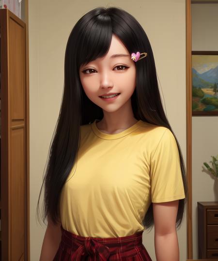 Rika,black hair,brown eyes,heart hairclip,long hair,
flat chest,yellow shirt,
smile,looking at viewer,
standing,upper body,
indoors,jananese home,
(insanely detailed, beautiful detailed face, masterpiece, best quality),solo,<lora:Rika:0.8>,