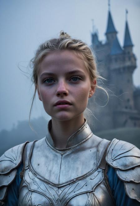 Close Up shot of  Cinderella as a little warrior, she IS a very young girl, blonde bun hairstyle, beautiful, blue dirt gown, White steel armour, wind, at night, fog, mist, castle at the background, National Geographic photography awarded masterpiece
