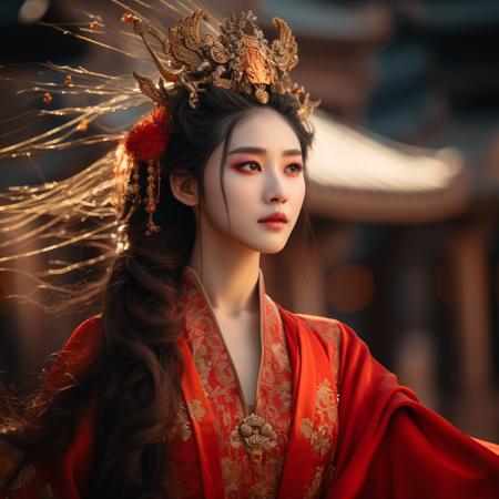 8K ,((masterpiece)),((highly detailed)),,1girl, Chinese ancient-style beauty,((an extremely delicate and beautiful)), queen,(((detailed head))), (((facial close-up))), flowing hair, phoenix crown, wearing a ((red dragon-phoenix gown)), with a( bell tower) background, slight depth of field,smirk