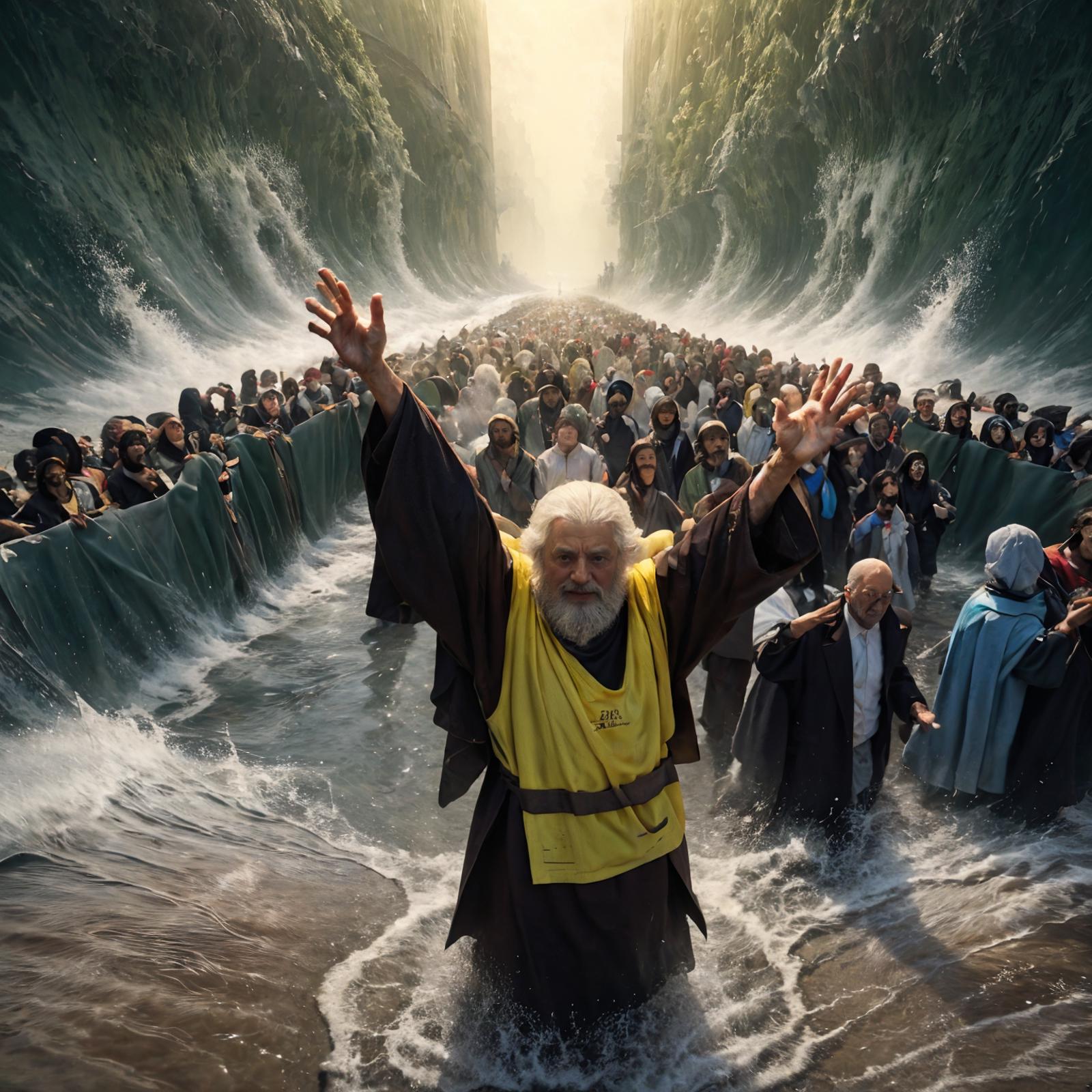 The artistic depiction of a man in a yellow vest leading a crowd of people through a river.